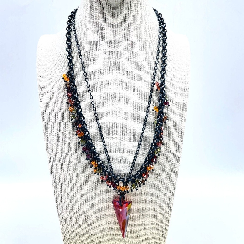 Vintage Black Beaded Multi Strand Necklace Red Pendant Boho Statement